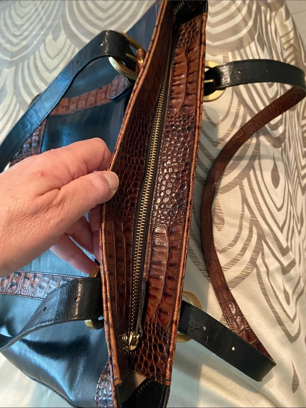 Brahmin Tuscan Collection Black & Brown Croc Embossed Leather Satchel Tote Bag